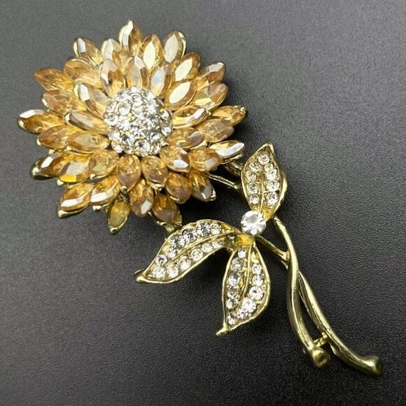 Yellow Gold with Champagne Topaz and Diamond Crystal Sunflower Pin Back Brooch - Picture 1 of 7